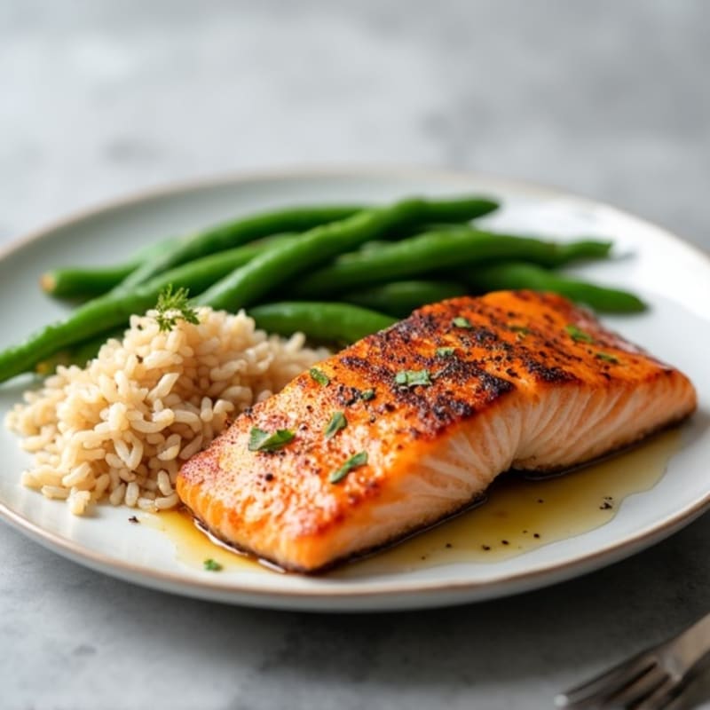 Seared Salmon Fillet with Garlic Green Beans and Brown Rice