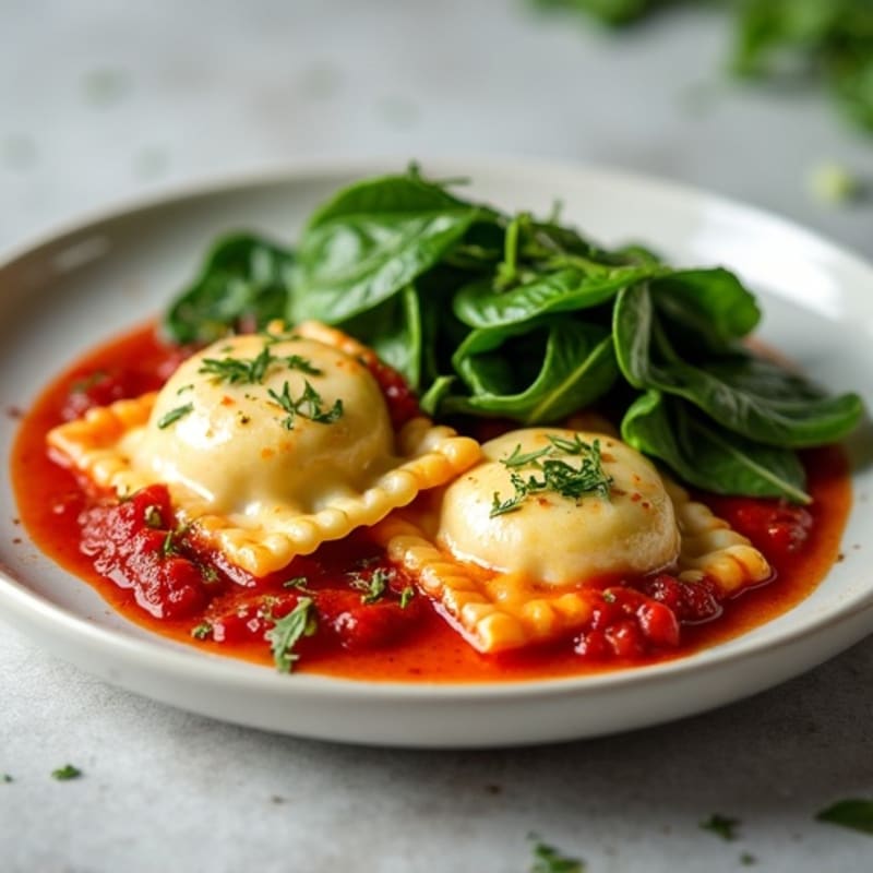 Spinach and Ricotta Ravioli with Sautéed Greens and Light Marinara