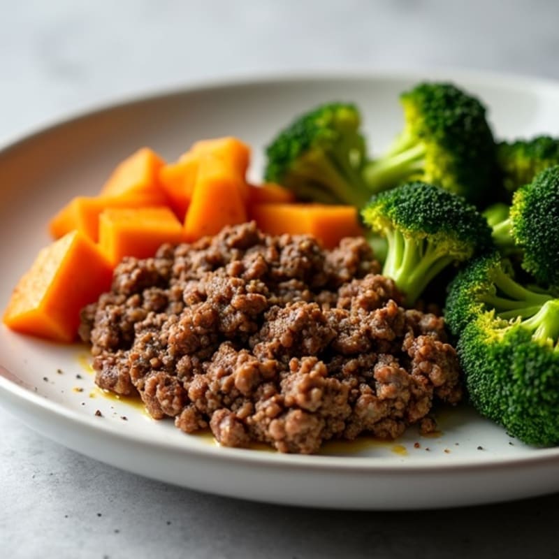 Savory Lean Ground Beef and Roasted Sweet Potato with Crispy Broccoli