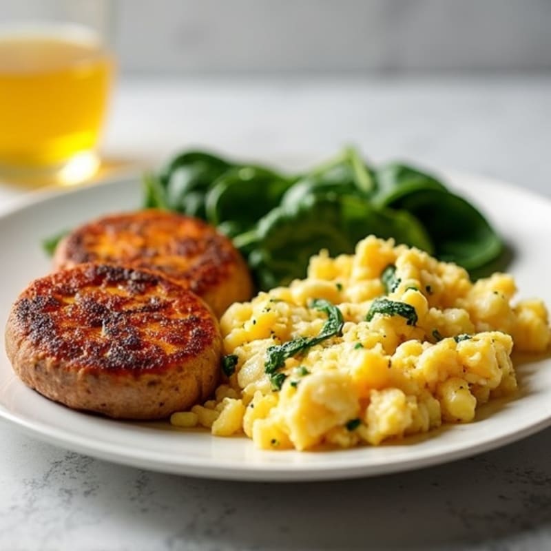 Egg White and Turkey Sausage Scramble with Spinach and Roasted Sweet Potatoes
