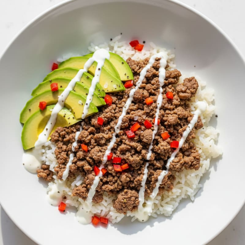 Lean Beef Mince Rice Bowl with Avocado