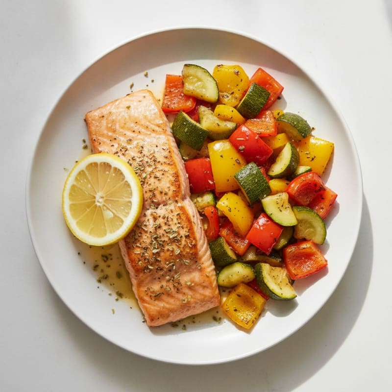 Seared Salmon with Roasted Zucchini and Bell Pepper Medley