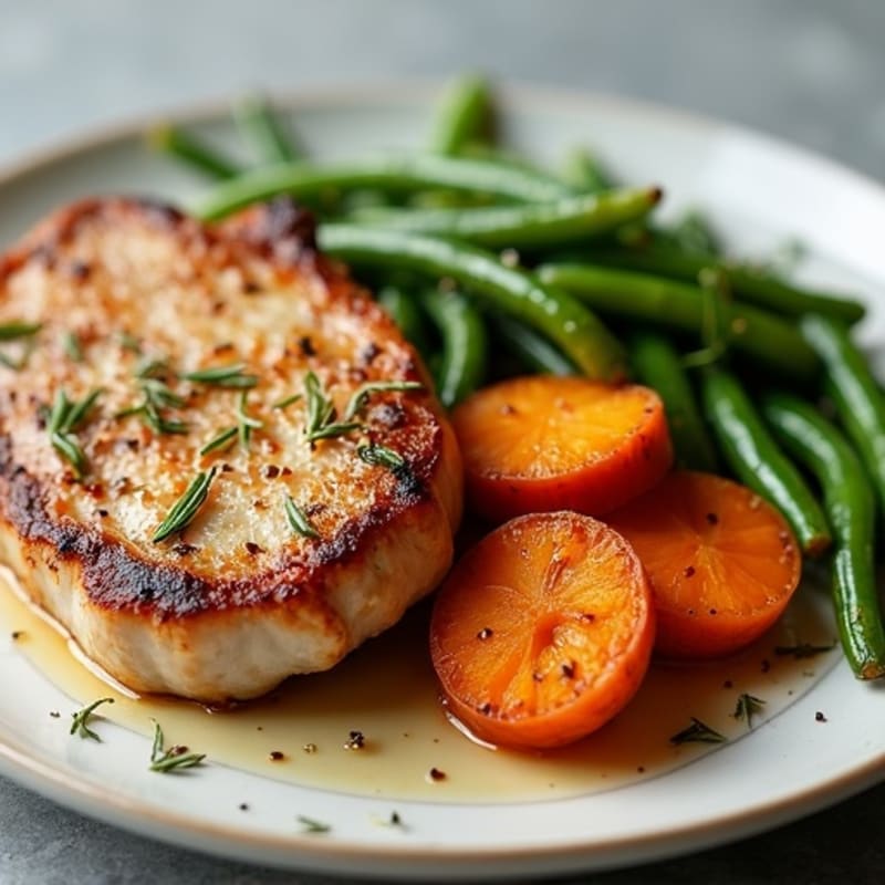 Pan-Seared Pork Chops with Roasted Sweet Potatoes and Green Beans
