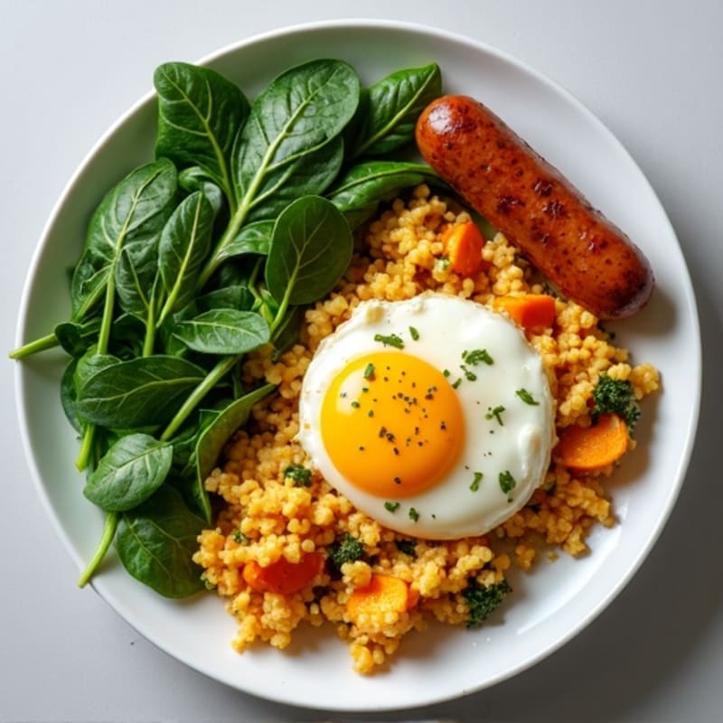 Egg White and Turkey Sausage Scramble with Spinach and Roasted Sweet Potato