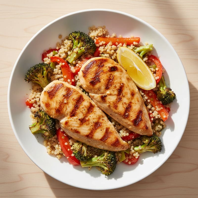 Grilled Chicken Quinoa Bowl with Roasted Broccoli and Red Peppers