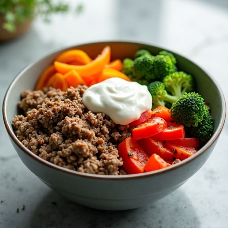 Lean Ground Beef and Crispy Veggie Bowl with Creamy Dressing