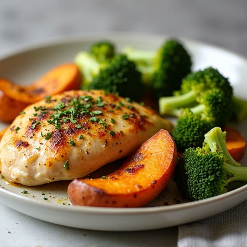 Lemon-Herb Roasted Chicken with Crispy Roasted Broccoli and Sweet Potatoes