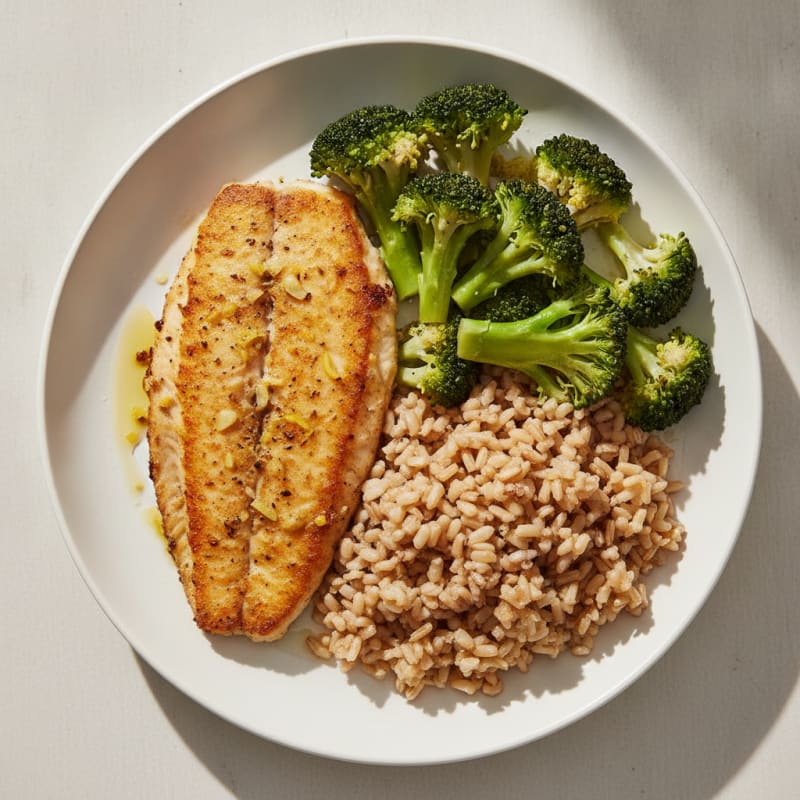 Seared Tilapia with Steamed Broccoli and Brown Rice