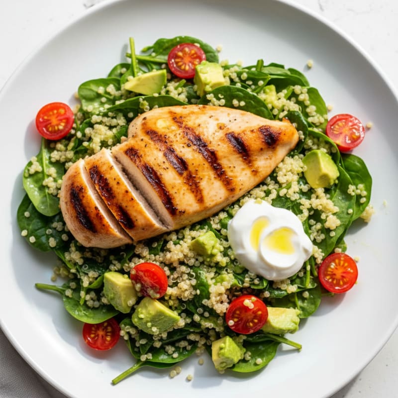 Grilled Chicken Breast with Creamy Avocado Quinoa Salad