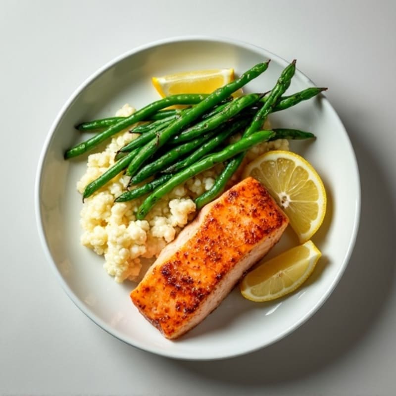 Seared Salmon Fillet with Steamed Green Beans and Cauliflower Mash