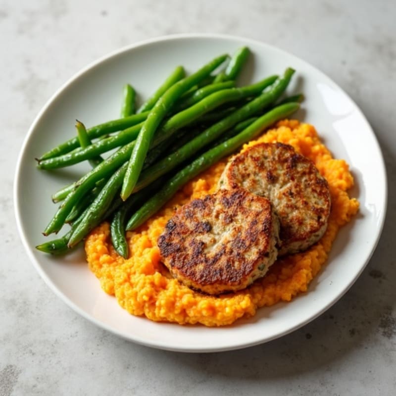 Seared Turkey Patties with Steamed Green Beans and Sweet Potato Mash