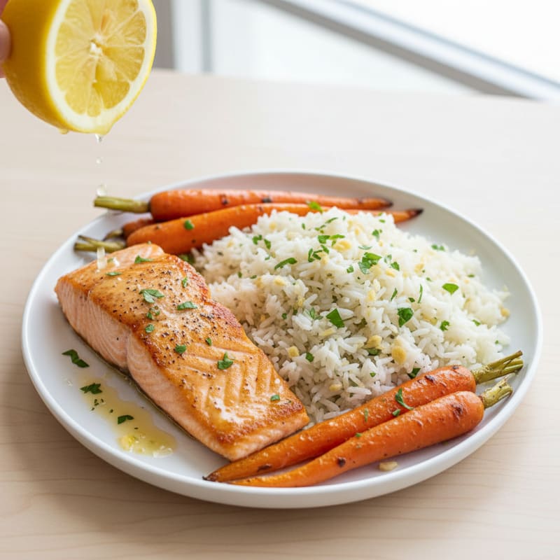 Seared Salmon with Garlic Herb Rice and Roasted Carrots