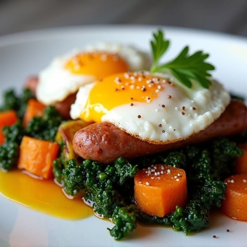Crispy Sweet Potato and Kale Hash with Poached Eggs