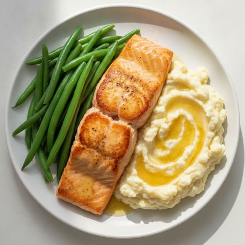 Seared Salmon with Steamed Green Beans and Garlic Mashed Cauliflower