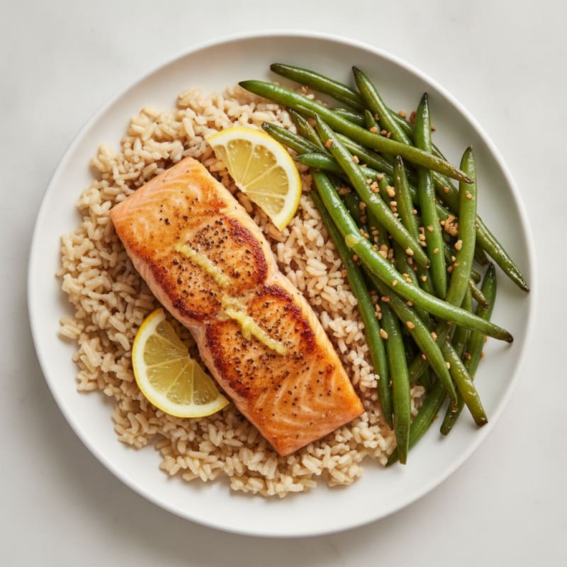 Seared Salmon with Garlic Green Beans and Brown Rice
