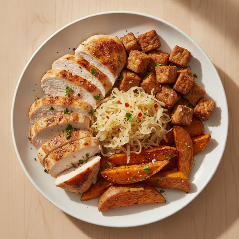 Tempeh and Chicken with Sweet Potatoes