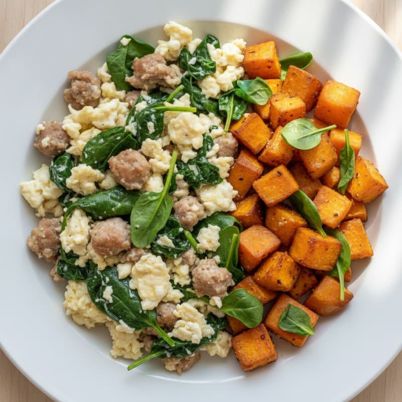 Egg White and Turkey Sausage Scramble with Spinach and Roasted Sweet Potato