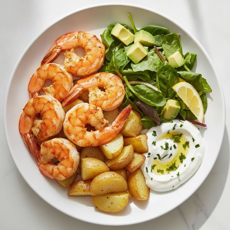 Seared Shrimp with Roasted Potato and Avocado Salad