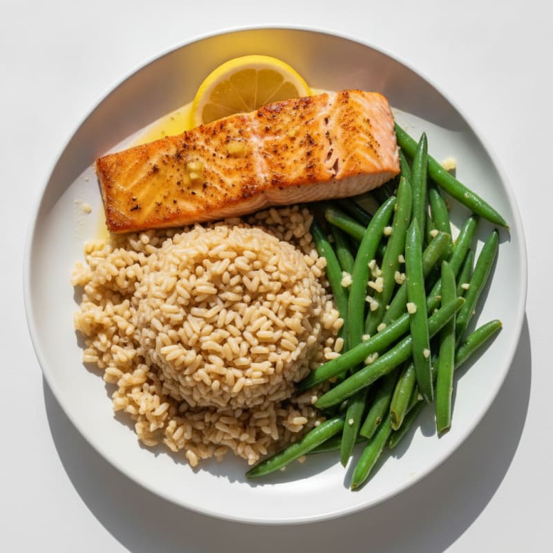 Seared Salmon with Steamed Brown Rice and Garlic Green Beans