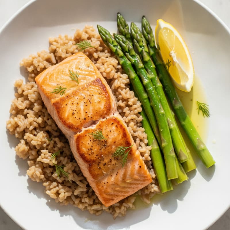 Seared Salmon Fillet with Steamed Asparagus and Brown Rice