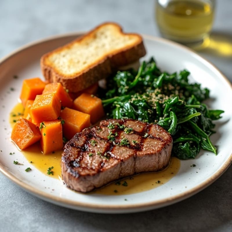 Seared Steak with Garlicky Sautéed Greens and Roasted Sweet Potatoes
