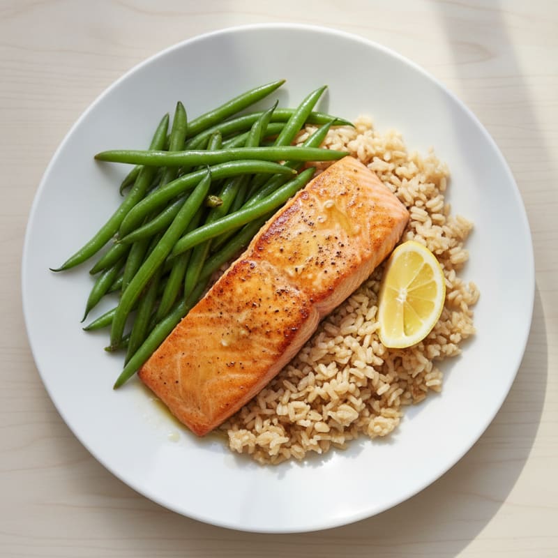 Seared Salmon Fillet with Steamed Green Beans and Brown Rice