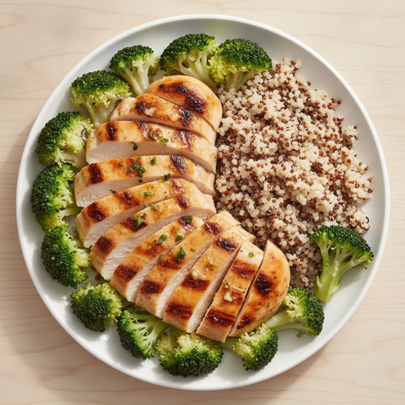 Grilled Lemon Garlic Chicken Breast with Quinoa and Steamed Broccoli