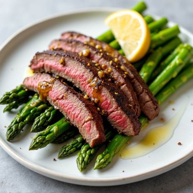 Seared Lean Beef Strips with Steamed Asparagus