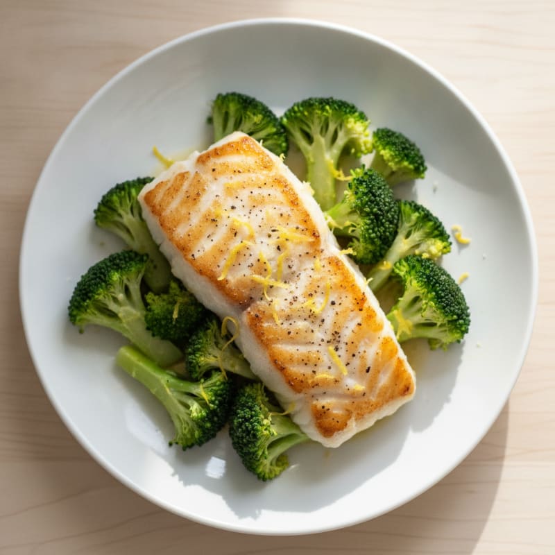 Seared Cod with Steamed Broccoli and Lemon Zest