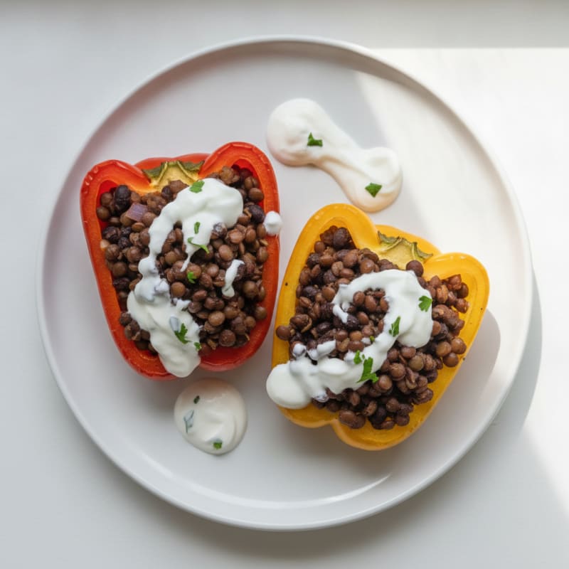 Lentil and Black Bean Stuffed Peppers with Greek Yogurt Drizzle