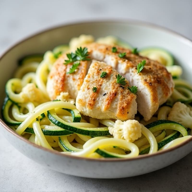 Creamy Cauliflower Alfredo Chicken with Zucchini Noodles