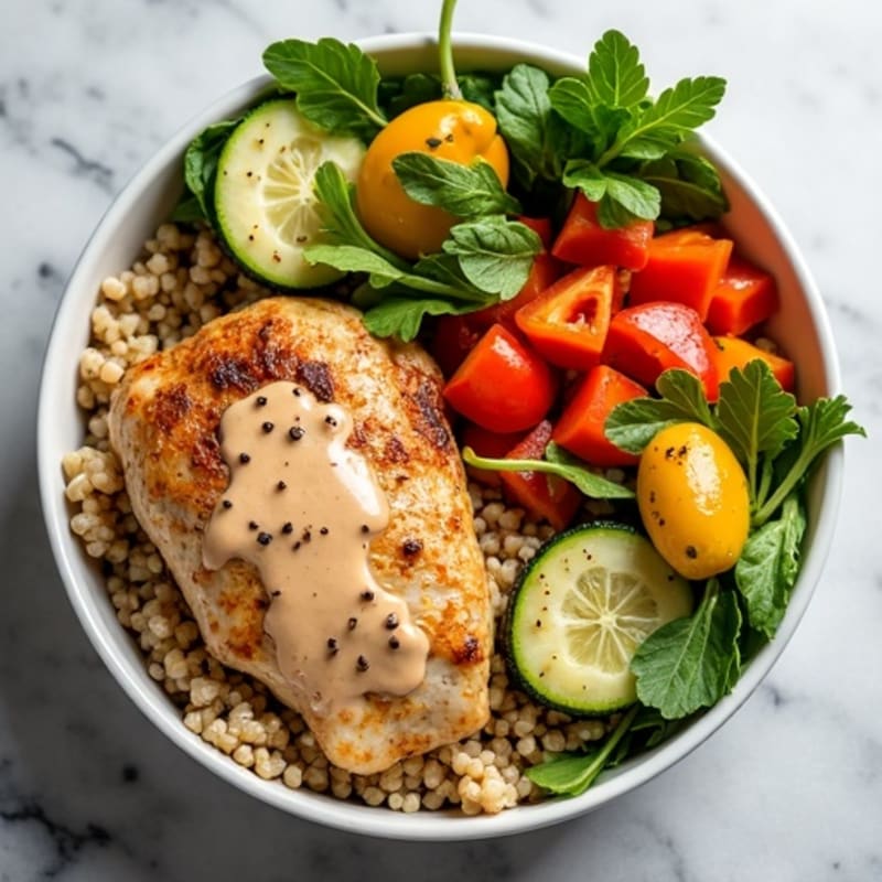 Roasted Chicken and Quinoa Bowl with Crispy Vegetables and Creamy Tahini Dressing
