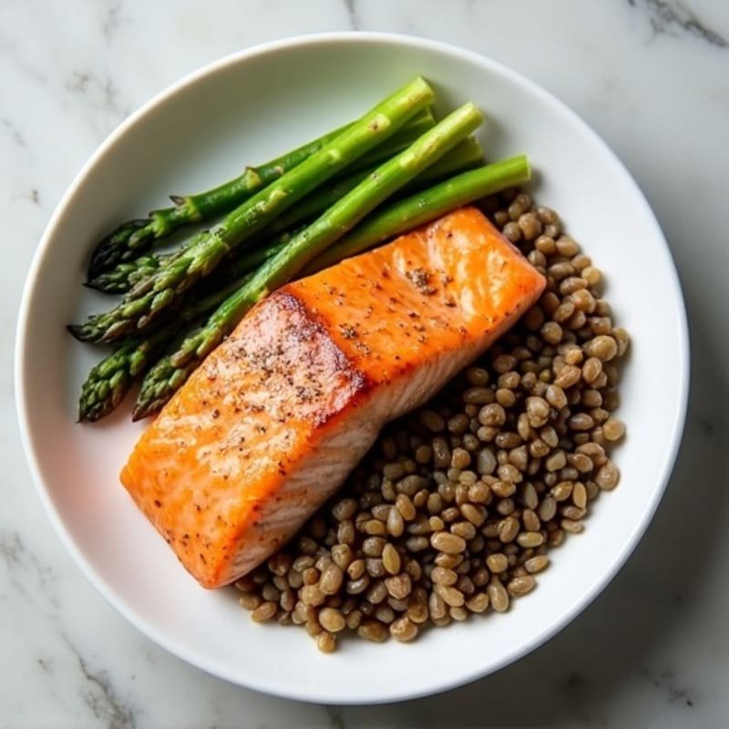 Seared Salmon Fillet with Steamed Asparagus and Lentils