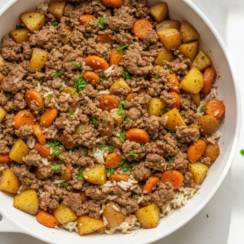 Ground Beef and Rice Skillet with Roasted Carrots and Potatoes