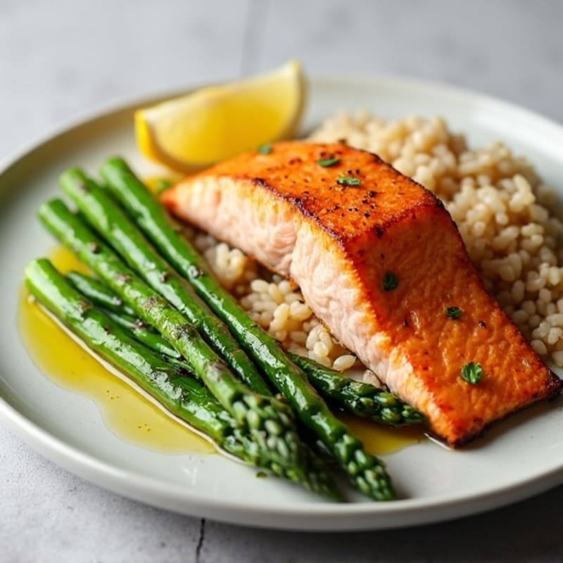 Seared Salmon Fillet with Steamed Asparagus and Brown Rice