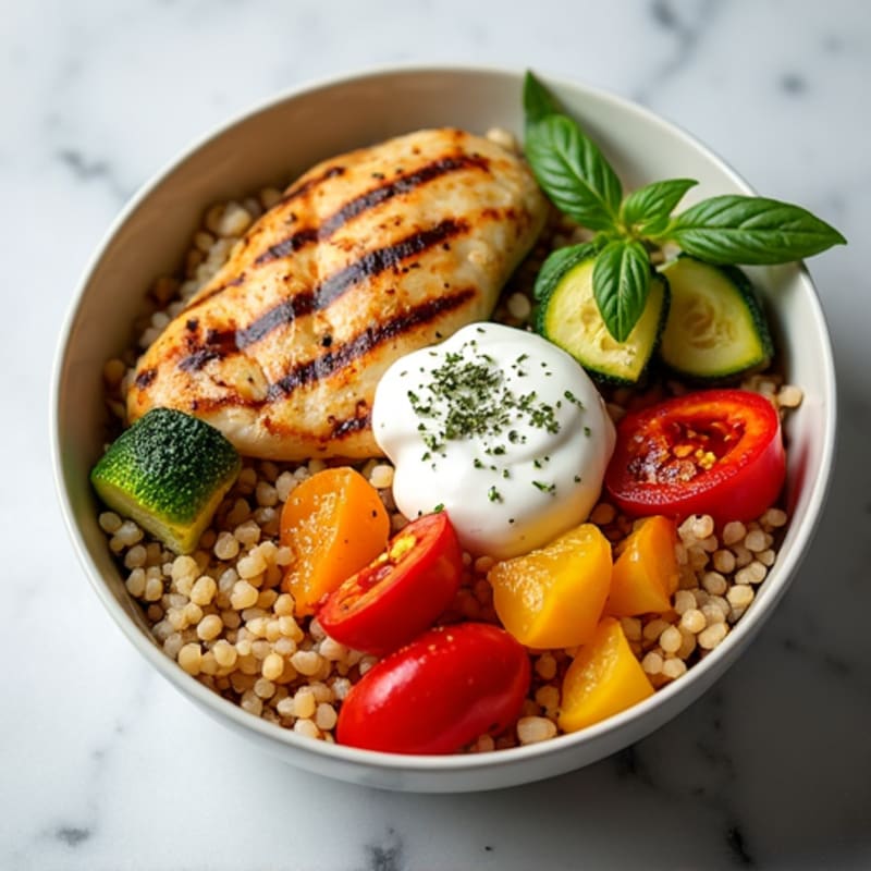 Grilled Chicken Rice Bowl with Roasted Vegetables