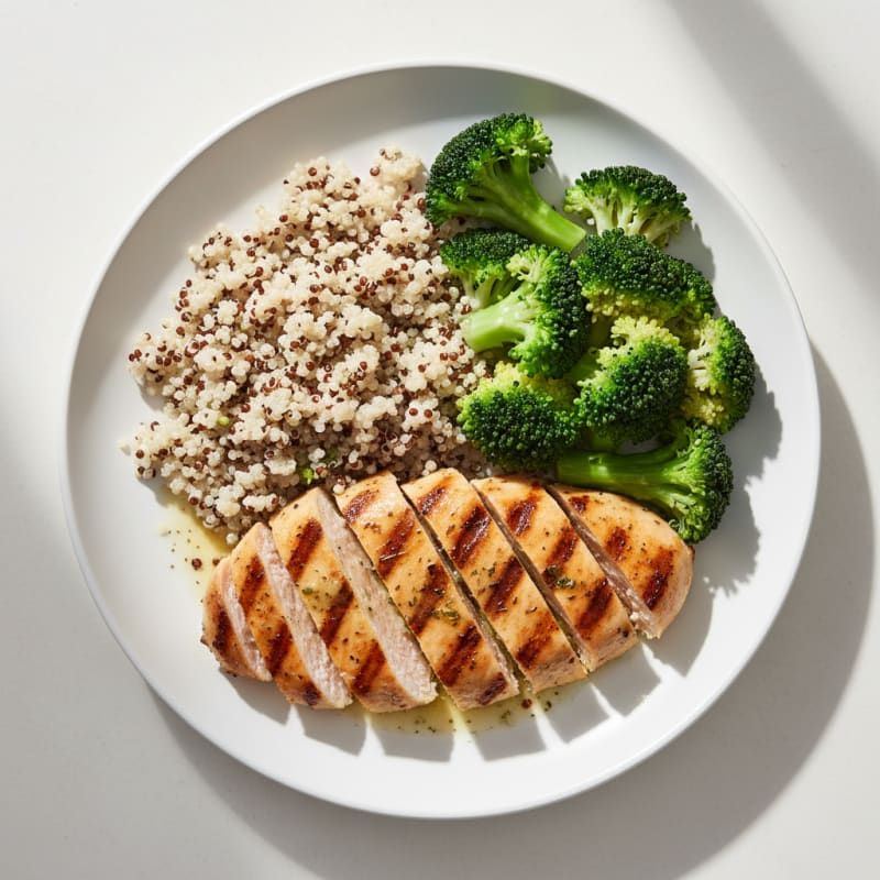 Grilled Chicken Breast with Steamed Broccoli and Quinoa