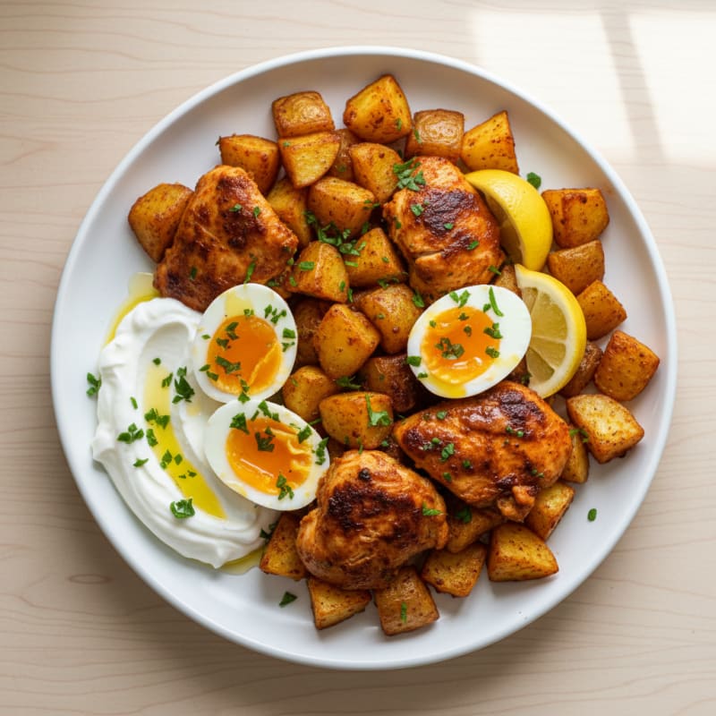 Sheet Pan Harissa Chicken and Potatoes with Jammy Eggs
