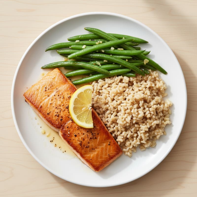 Seared Salmon with Garlic Green Beans and Brown Rice