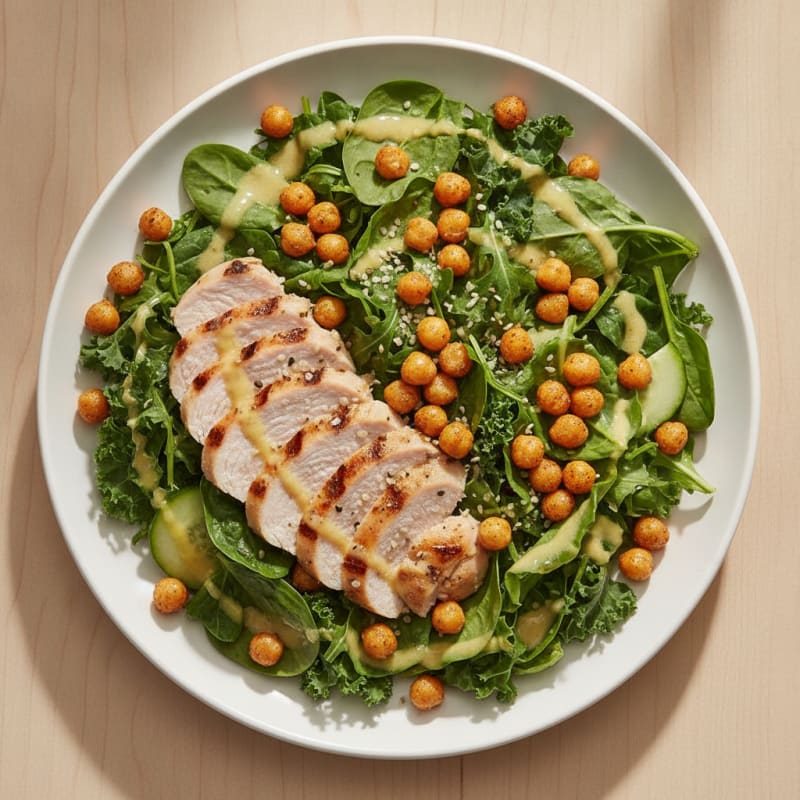 Grilled Turkey Breast Salad with Crunchy Chickpeas and Mixed Greens