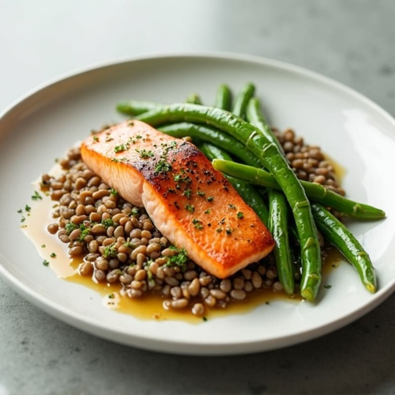 Seared Salmon with Garlic Green Beans and Lentil Mash