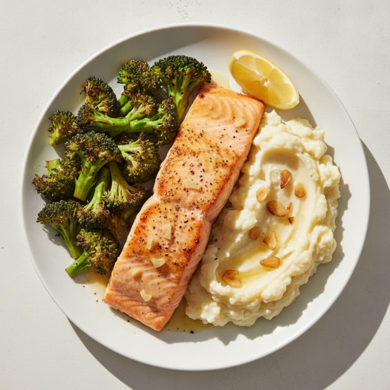 Seared Salmon with Roasted Broccoli and Garlic Mashed Cauliflower