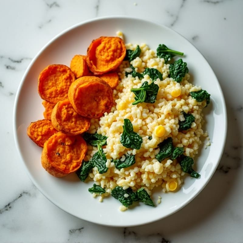 Egg White and Turkey Spinach Scramble with Sweet Potato Hash