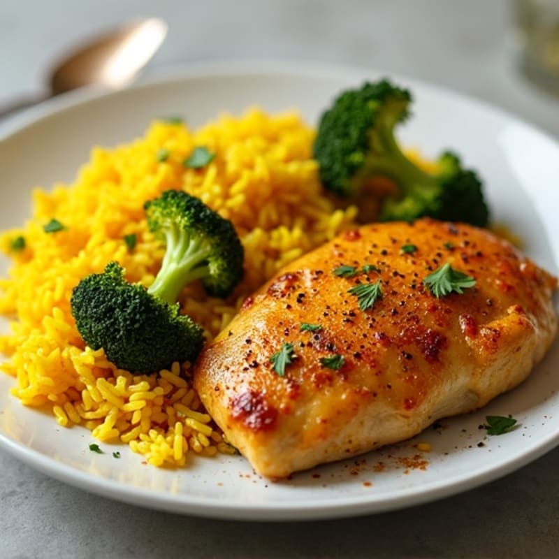 Turmeric-Spiced Chicken with Fluffy Turmeric Rice and Roasted Broccoli