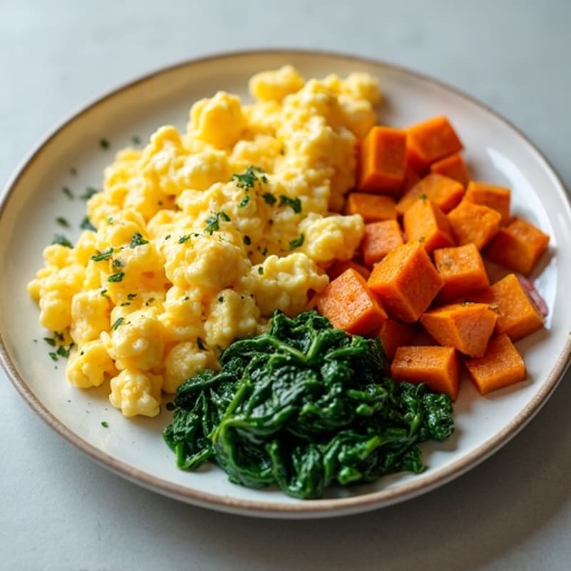 Fluffy Scrambled Eggs with Crispy Sautéed Spinach and Roasted Sweet Potatoes