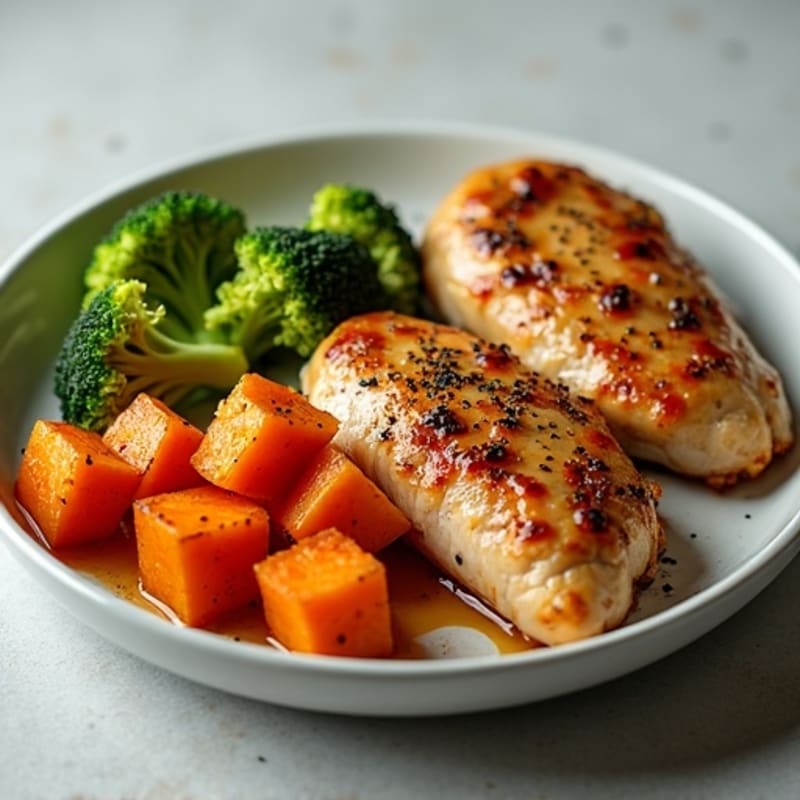 Roasted Chicken with Crispy Broccoli and Roasted Sweet Potatoes