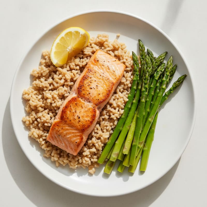 Seared Salmon Fillet with Steamed Asparagus and Brown Rice