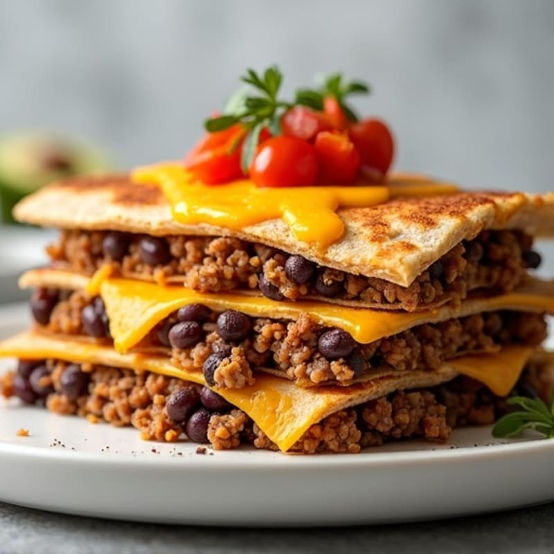 Lean Ground Beef and Black Bean Baked Tortilla Stack with Crispy Cheese