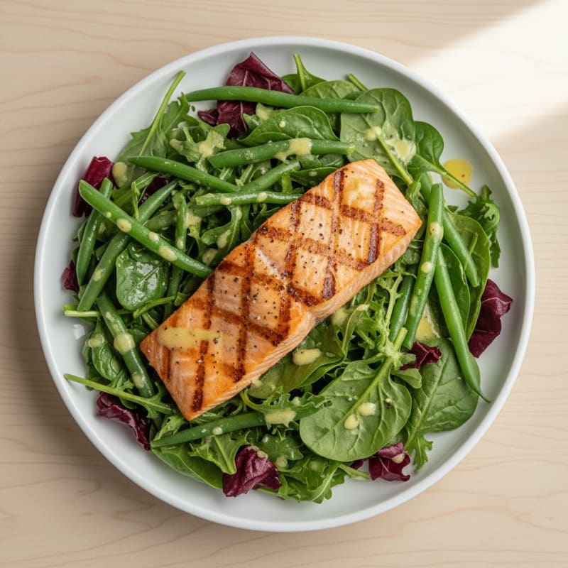 Grilled Salmon Salad with Crunchy Green Beans and Mixed Greens