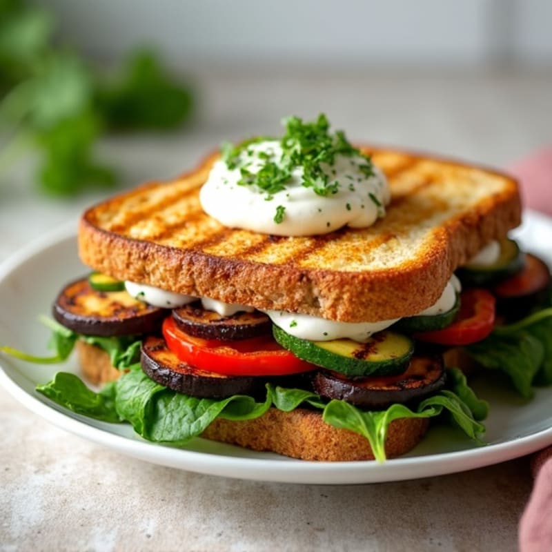 Hearty Grilled Vegetable Sandwich with Fresh Greens and Creamy Herb Spread